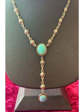 Turquoise & Sterling Silver 20" Lariat Necklace With Oval Pendant And Decorative